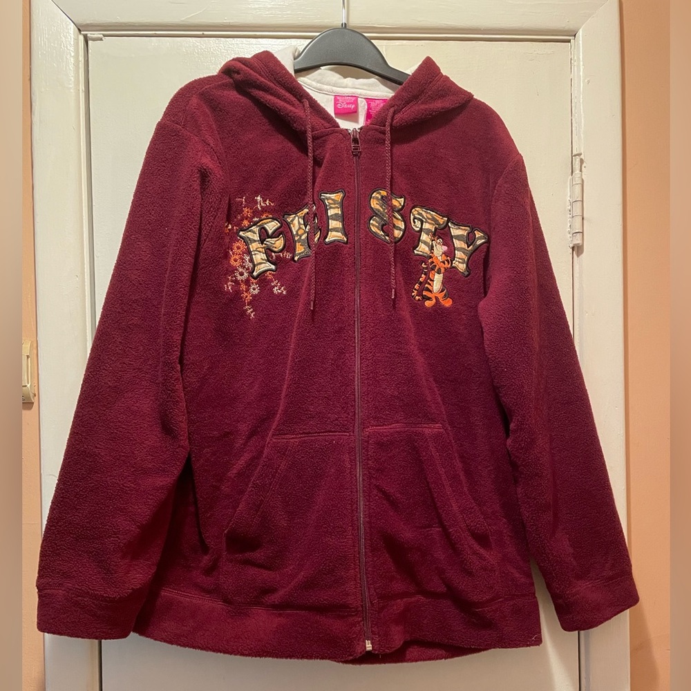 Disney Tigger 68 Varsity Maroon Fleece Zip Up Hoodie Jacket Womens L